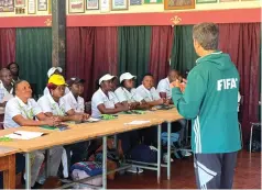  ?? ?? FIFA Football for Schools manager Antonio Buenano Sanchez (right) addresses teachers and grassroots coaches from around the country at Prince Edward School in Harare yesterday.