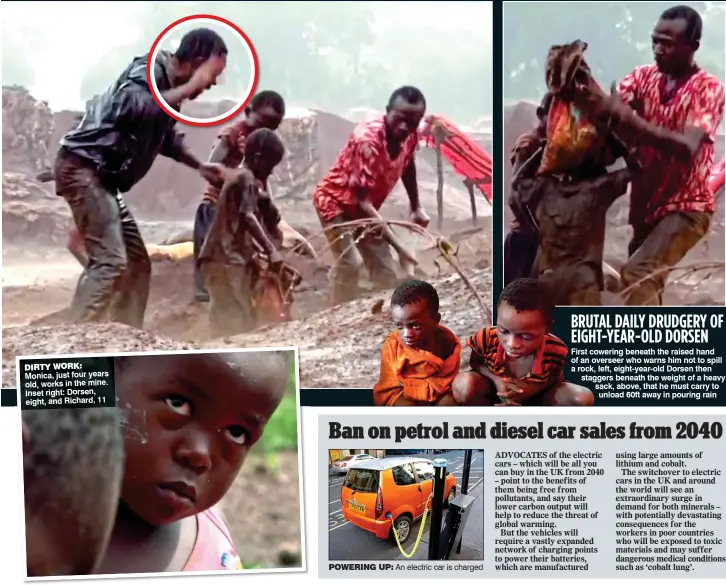  ??  ?? DIRTY WORK: Monica, just four years old, works in the mine. Inset right: Dorsen, eight, and Richard, 11