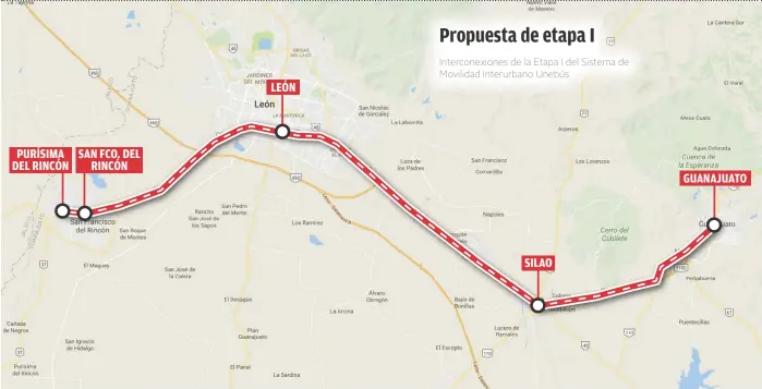  ??  ?? PURÍSIMA DEL RINCÓN SAN FCO. DEL RINCÓN LEÓN Propuesta de etapa I Interconex­iones de la Etapa I del Sistema de Movilidad Interurban­o Unebús SILAO GUANAJUATO