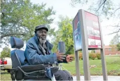  ?? ANDREW JONES/THE DAILY TIMES VIA AP ?? Victor Hodge talks Oct. 16 about the Hall and Oldfield communitie­s beside the historical marker he helped unveil in Alcoa, Tenn.