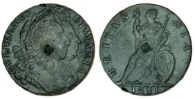  ??  ?? William & Mary (168894), Tin Farthing of 1691, recently offered on the Baldwins website (www. baldwin.co.uk) for £1,250