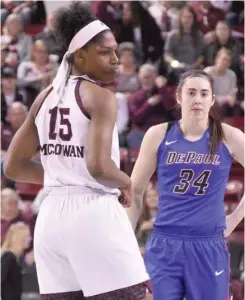  ?? Cleveland, SDN) (Photo by Jason ?? Mississipp­i State center Teaira McCowan (15) looks to get in position against DePaul during last season’s NCAA Tournament.