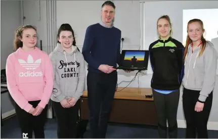  ??  ?? Sofija Obrezane, Carolyn Buckley, Ellen O’Sullivan and Rachel Sheehan pictured with Michael Lindsay of Studio Fitness during the Health &amp; Wellbeing Event at Coláiste Treasa, Kanturk. Photo by Sheila Fitzgerald