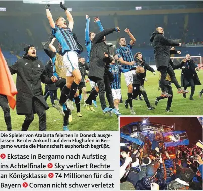  ??  ?? Die Spieler von Atalanta feierten in Donezk ausgelasse­n. Bei der Ankunft auf dem Flughafen in Bergamo wurde die Mannschaft euphorisch begrüßt.