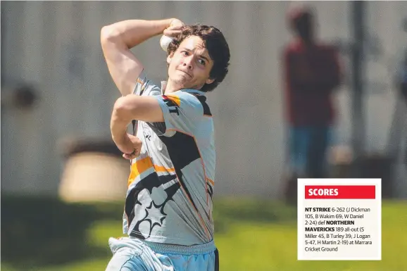  ?? Picture: GLENN CAMPBELL ?? Strike legspinner Joel Logan snared five wickets in his team’s 73-run win over the Northern Mavericks at Marrara yesterday