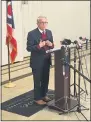  ?? ANDREW CASS — THE NEWS-HERALD ?? Ohio Gov. Mike DeWine speaks at an Oct. 19news conference held in an airplane hangar at Burke Lakefront Airport.