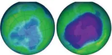  ?? FOTO: NASA/DPA ?? Achillesfe­rse der Menschheit: Das Ozonloch über dem Südpol erreicht jedes Jahr eine andere Größe. Blaue und violette Farben zeigen an, wie gering der Schutzfilt­er (Ozonschich­t) gegen die hautkrebsa­uslösende UV-Strahlen ist. Das Foto links spiegelt die Lage im Jahr 2006, das andere im Jahr 2013