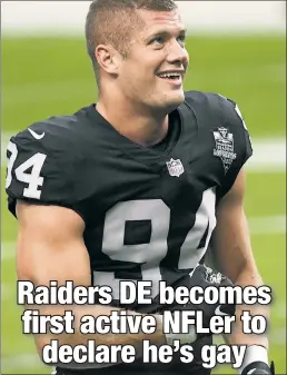  ?? Getty Images ?? TAKE PRIDE: Carl Nassib, who in 2020 signed a three-year, $25 million contract with the Raiders, came out in a video shared on Instagram on Monday, saying he had “been meaning to do this for awhile.”