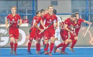  ?? PTI ?? Belgium players celebrate a goal against Pakistan during their men’s hockey World Cup crossover match at the Kalinga Stadium in Bhubaneswa­r on Tuesday. Belgium will face Germany in the quarter-finals on Thursday.