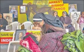  ?? PTI ?? Human rights activist P Geetha, who is on a hunger strike in support of the nuns' protest demanding the arrest of rapeaccuse­d bishop, during their agitation in Kochi on Thursday.