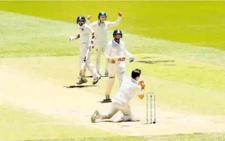  ??  ?? Culminatio­n of the comeback: Pat Cummins takes a return catch to dismiss Jasprit Bumrah and end the Indian second innings. Australia ran out winner by 146 runs in the second Test in Perth and levelled the series 1-1 after going down in the first Test in Adelaide by 31 runs and copping a lot of flak. Spin lion: Nathan Lyon misses a caught and bowled chance in the first innings. But he kept the pressure on the Indians and bagged eight wickets in the match, five in the first innings and three in the second. The pitch didn’t help him unduly, but he foxed the Indian batsmen with trajectory and velocity variations. By bowling long spells from one end, he also gave his side’s pace trio the respite they needed between spells. His success also made the Indians rue the fact that they had gone into the Test without a specialist spinner. Starkly startling: After the Adelaide loss, Mitchell Starc, the leader of the Australian pace battery, was criticised for not putting in enough effort. He came back roaring, especially in the second innings, in Perth and set things rolling by castling Indian opener Lokesh Rahul on the fourth day. GETTY IMAGES