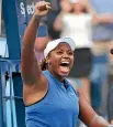  ??  ?? Taylor Townsend celebrates her win over Wimbledon champion Simona Halep, completing a good day for young American women.