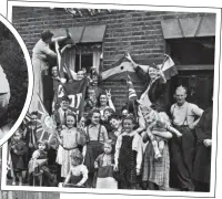  ??  ?? TIME OF JOY: The multitudes flooding Whitehall on VE Day and families at a London street party and, inset, the baby Michael Ashcroft in 1946, held aloft by his jubilant soldier father Eric