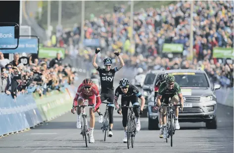  ??  ?? Lars Petter Nordhaug (Team Sky), winner of the opening stage, outsprints his rivals and (right) celebrates his success at last year’s Tour