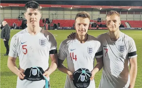  ??  ?? Gateshead’s Jon Mellish, Tom White and Greg Olley after the England C game. Pictured supplied by Gateshead FC.