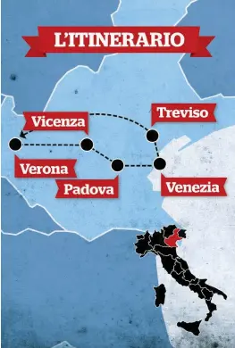  ??  ?? Un tour di 946 km Da Verona e Treviso passando per Vicenza, Padova e infine Venezia