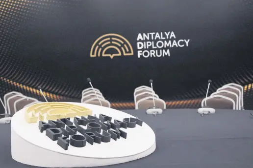  ?? ?? The Antalya Diplomacy Forum logo is displayed on a stage in one of the venues of the event, Antalya, southern Türkiye, Feb. 29, 2024.