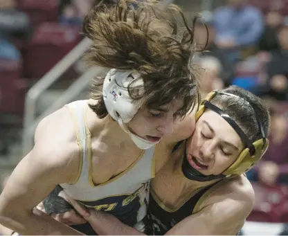  ?? RICK KINTZEL/THE MORNING CALL ?? Keanu Dillard finished off Bethlehem Catholic’s PIAA team wrestling first-round win with a first-period pin.