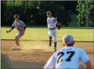  ?? THOMAS NASH — DIGITAL FIRST MEDIA ?? Norchester shortstop Josh Fulmer fires to first baseman Andy Blum to complete a double play during the top of the fourth inning Saturday.