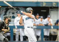  ?? CAUDILL/FREELANCE
MIKE ?? Old Dominion infielder Jake Ticer hits a home run in the second inning of Saturday’s game against Marshall at Bud Metheny Baseball Complex. Ticer finished with three homers and seven RBIs in the game.