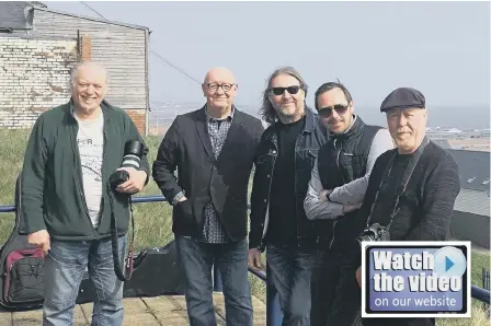  ??  ?? The people behind The Tall Ships Song, from left, photograph­er Bill Queenan, singer George Shovlin, songwriter George Lamb, recording technician Eddie Miller and video maker Jimmy Smith.