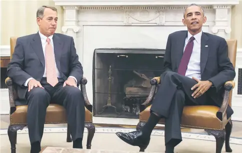  ??  ?? US President Barack Obama (right) talks with Speaker of the House, John Boehner, R-Ohio, during a meeting with the bipartisan, bicameral leadership of Congress in the Oval Office of the White House in Washington, DC. — AFP photo