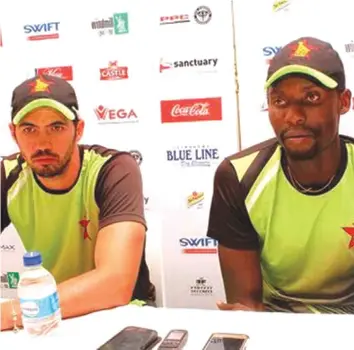  ??  ?? DEMOLITION JOB. . .Zimbabwe captain Graeme Cremer (left) and fast bowler Chris Mpofu address a media conference in the capital after the Chevrons crushed Afghanista­n yesterday to level the series. zimcricket