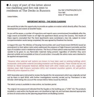  ?? ?? A copy of part of the letter about the cladding and fire risk sent to residents at The Decks in Runcorn