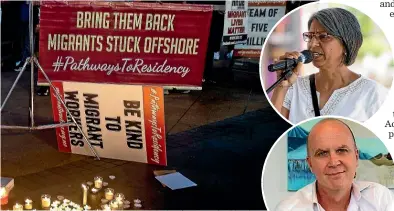  ?? CHRIS McKEEN/STUFF ?? ‘‘Be kind to migrant workers’’ reads the sign at an Auckland protest. But some employers have different ideas. Inset top, Migrant Workers Associatio­n president Anu Kaloti. Inset right, Auckland lawyer Alistair McClymont.