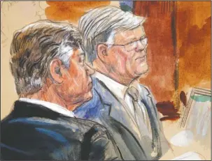  ?? The Associated Press ?? COURTROOM SKETCH: This courtroom sketch depicts former Donald Trump campaign chairman Paul Manafort, left, listening with his lawyer Kevin Downing to testimony from government witness Rick Gates as Manafort’s trial continues at federal court in Alexandria, Va., Tuesday.