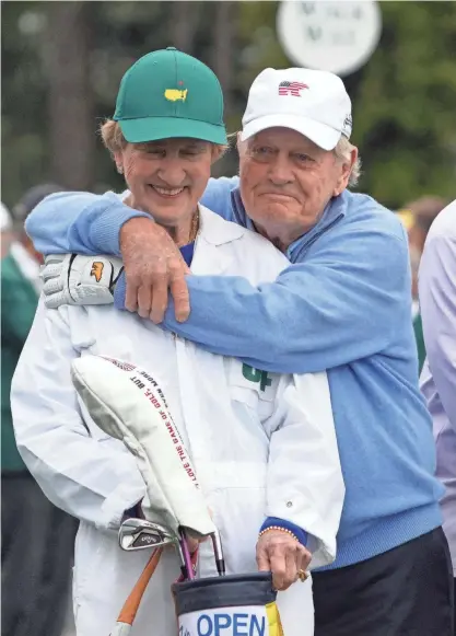  ?? KYLE TERADA/USA TODAY SPORTS ?? Jack Nicklaus hugs his wife Barbara before the first round of the Masters Tournament Thursday in Augusta, Georgia.