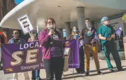  ?? Nick Otto / Special to The Chronicle ?? Dianna Yañez, a registered labor/ delivery nurse, speaks at a rally at San Francisco General Hospital on Thursday in support of the overtime suit.