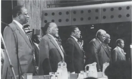  ??  ?? From left: at the Harare Internatio­nal Conference Centre: Vice-President Joseph Msika, Vice-President Simon V Muzenda, President Robert Mugabe, Vice President Joshua Nkomo, President Dr Kenneth David Kaunda of Zambia and President Sir Ketumile Masire of Botswana.