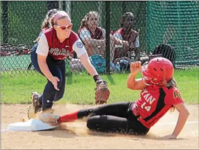  ?? DIGITAL FIRST MEDIA FILE ?? Cardinal O’Hara’s Maura Kane, left, hit over .400 this season while playing a stellar third base for the Lions.