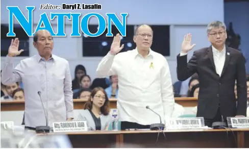  ?? PHOTO BY JOSEPH VIDAL ?? Former president Benigno Aquino III (center), former Budget secretary Florencio Abad (left) and former executive secretary Paquito Ochoa Jr. testify at the Senate hearing into the government’s dengue immunizati­on program on Thursday, Dec. 14.