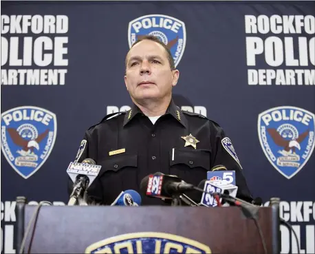 ?? SCOTT P. YATES — ROCKFORD REGISTER STAR VIA AP ?? Rockford Police Chief Dan O’Shea identifies the suspected shooter in a triple homicide the night before as Duke Webb, of Florida, during a news conference at Rockford Police Department District 3 on Sunday, Dec. 27, 2020, in Rockford, Ill. Webb allegedly opened fire inside bowling alley Don Carter Lanes on Saturday, killing three people and wounding three others.
