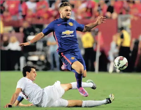  ?? Picture: EVAN HABEEB, USA TODAY ?? A HOP AND A SKIP AND I’M THERE: Manchester United defender Luke Shaw jumps over Inter Milan’s Andrea Ranocchia during Tuesday’s friendly in the United States.