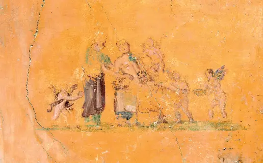  ??  ?? Campo giallo Sulla parete della domus adiacente a quella di Giove, oggetto di scavo nella regio V dell’antica Pompei, si delinea la scena. Si tratta del primo affresco a tema mitologico emerso dal buio dei secoli nell’area del cosiddetto «cuneo», dove,...