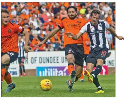  ??  ?? ICE COOL: Louis Longridge steadies himself before firing a left-foot shot home to put Dunfermlin­e ahead