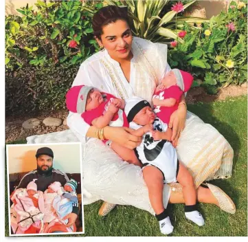  ??  ?? ■
Iqra Nasim with her three-month old triplets — daughters Zynah and Zimmal, and son Ibrahim. Inset: Sarmad with the babies. He got Covid-19 when his wife and babies were in Pakistan.