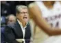  ?? STEPHEN DUNN — THE ASSOCIATED PRESS ?? Connecticu­t head coach Geno Auriemma watches his players during the second half of the NCAA college basketball game against California Friday at Gampel Pavilion in Storrs. The top ranked Connecticu­t women’s basketball team hosted California in their...