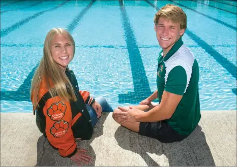  ?? RECORDER PHOTOS BY CHIEKO HARA ?? Portervill­e High School swimmers Rosemary Chapman, left, and Steven Chapman are the Orange Belt Swimmers of the Year.