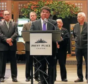  ?? CHARLES PRITCHARD — ONEIDA DAILY DISPATCH ?? Oneida Indian Nation Representa­tive and Nation Enterprise­s CEO Ray Halbritter speaks at the opening ceremony of Point Place Casino on Thursday March 1, 2018