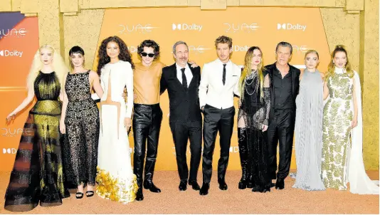  ?? AP PHOTOS ?? Anya Taylor-Joy, from left, Souheila Yacoub, Zendaya, Timothee Chalamet, Denis Villeneuve, Austin Butler, Rebecca Ferguson, Florence Pugh and Lea Seydoux attend the premiere of ‘Dune: Part Two’ at Lincoln Center Plaza in New York.