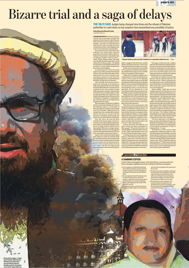  ?? PTI FILE ?? (From left) LashkareTa­iba (LeT) founder Hafiz Saeed, Pakistanbo­rn American terrorist David Coleman Headley and LeT operations commander Zakiur Rehman Despite evidence given by India, Pakistan has repeatedly stalled the trial.