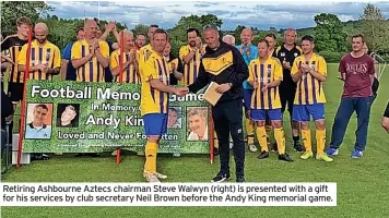  ?? ?? Retiring Ashbourne Aztecs chairman Steve Walwyn (right) is presented with a gift for his services by club secretary Neil Brown before the Andy King memorial game.