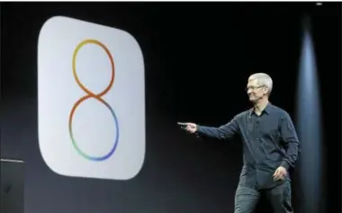  ?? PHOTOS BY JEFF CHIU — THE ASSOCIATED PRESS ?? Apple CEO Tim Cook speaks about iOS 8 at the Apple Worldwide Developers Conference in San Francisco, Monday.