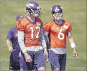  ?? DAVID ZALUBOWSKI / ASSOCIATED PRESS ?? Paxton Lynch (left, with fellow Broncos quarterbac­k Mark Sanchez) says “It’s kind of slowing down and I can come out here and relax and play a little bit. I’m a lot more confident.”