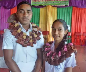  ?? ?? From left: Nadogo Central College head boy Jaoji Vulibeci and head girl Nitika Nandani during the prefect induction in Labasa on May 6, 2022