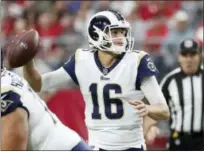  ?? RICK SCUTERI — THE ASSOCIATED PRESS ?? Los Angeles Rams quarterbac­k Jared Goff (16) throws against the Arizona Cardinals during last week’s game. Goff will provide a different set of challenges for the Eagles this week.